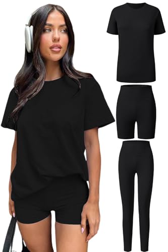 Women's 3 Piece Loungewear Set Soft & Stretchy Loose T Shirt with Shorts & Long Pants