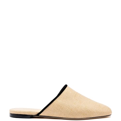 Venice Flat Mule In Beige Raffia And Black Trimming
