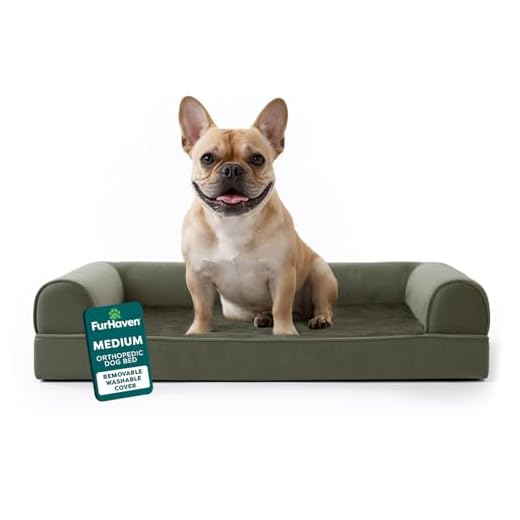 Furhaven Medium Orthopedic Dog Bed Faux Fur & Velvet Sofa-Style w/ Removable Washable Cover - Dark Sage, Medium
