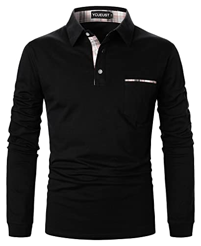 YCUEUST Casual Polo Hombre Marrón Cuadros Manga Larga Camisas Basic Golf Casual T-Shirt A-Negro XL Cover