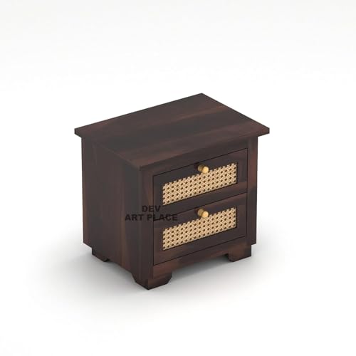 Image of Solid Sheesham Wood Bedside Table for Bedroom | Handmade Pure Wooden Bed Side Nightstand End Table with 2 Drawers Storage for Home & Bed Room | Rosewood, Walnut Finish