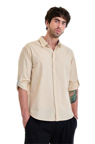 Image of SNITCH Men Smart Casual Shirt | Regular Fit Full Sleeve Button-Down Collar Solid Style | Breathable Cotton Linen Blend & Lightweight Fabric for Office