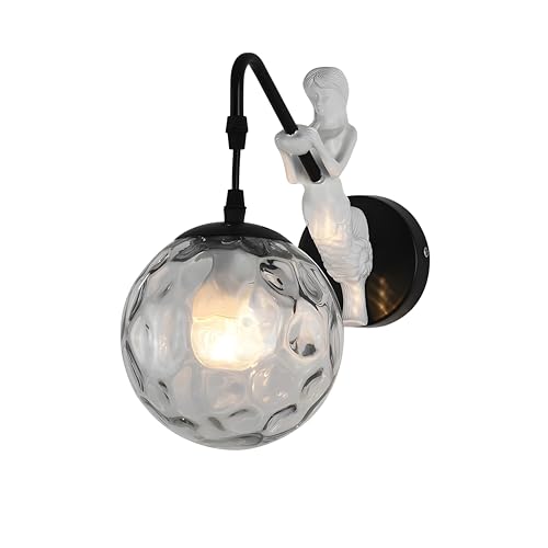 Image of Bofea-Modern Wall Sconces Black Wall Light Fixtures Globe Hallway Sconce Vintage Sconces Lighting with with Hammered Glass Shade & Resin Body Mermaid Unique Sconce for Bathroom Entryway Lamp
