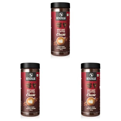 Image of Bevzilla 200 Gram Classic Instant Coffee Powder Jar | Arabica Coffee | Best for Espresso, Latte & Cappucino | Hot & Cold Brews (Pack of 3)
