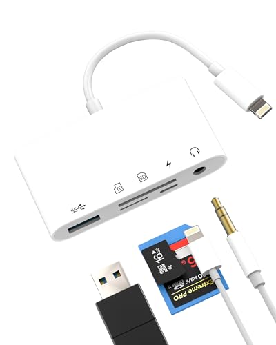 Ya en manzanajugosa.com: Lector de tarjetas SD de cámara digital para iPhone 14 13 Pro Max (5 en 1) Lightning a USB TF cargador hembra de 3,5 mm, adaptador micro Memory Stick para Apple OTG puerto de audio macho para iPad