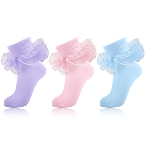 Image of Women Big Ruffle Ankle Socks Adult Double Lace Frilly Turn Cuff Dress Socks Cotton Cute Fancy Bobby Crew Socks