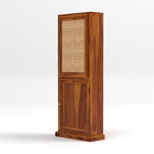 Image of Sheesham Wood Foldable Study Table with Bookshelf & Storage Cabinet | Cane Panel Writing Desk (Honey Finish)