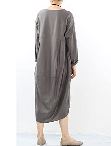 Minibee Women\'s Long Sleeve Midi Dress Cotton Linen Empire Waist Casual Flowy Dresses with Pockets Gray L