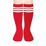 Kids Child Soccer Socks Boys Girls Knee High Socks Cotton Kids Tube Socks Three Stripes Youth Soccer Socks Sport Toddler Knee High Socks Cute Knee High Stocking for Boys Girls Red White One Size