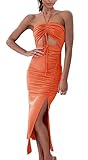 Heysolo Women Summer Cut Out Dresses Backless Halter Neck Side Slit Backless Sleeveless Ruched Party Club Dress Orange