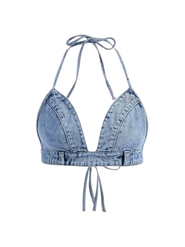 SHENHE Women's Denim Halter Top Tie Backless Triangle V...