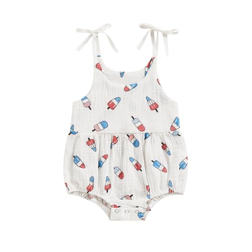 Image of JLKGICF Newborn 4th of July Outfit Girl Baby Ice Cream Romper Sleeveless Bubble Bodysuit 3 6 9 12 18 Months Linen Clothes(Popsicle White, 6-12 Months)