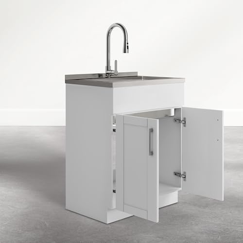 Image of SIMPLIHOME Modern Wide Shaker All-in-One 28 inch Wide Utility Sink and Laundry Cabinet in Glacier White Finish, Transitional Stainless Steel Sink Cabinet for Laundry Rooms with High-Arch Chrome Faucet