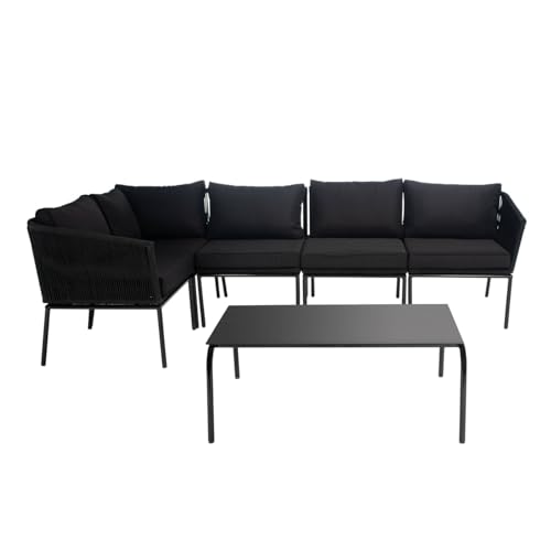 Image of DEVOKO Outdoor 3 Piece Rope Patio L-Shape Sofa All Weather Washable Cushion with Center Table for Garden, Pool, Deck, Balcony, Backyard (Black & Black)