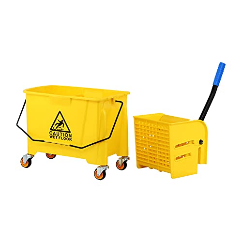 Samger S Commercial 5 Gallon 21 Quart Mop Bucket With Wringer On Wheels 16.92”X 11.02”X 27.55” Portable Plastic Mop Wringer Bucket With Metal Handle For Home And Commercial Floor Cleaning, Yellow #TOP4