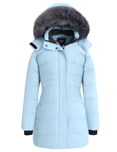 ZSHOW Women's Warm Puffer Jacket Faux Hooded Winter Coat Water proofant Parka(Light Blue,Medium)