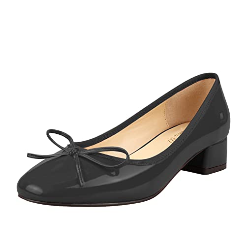 Lutalica W Women's Classic Closed Round Toe Patent Leather Comfortable Daily Slip On Bow Tie Low Chunky Heel Pumps Shoes Black Size 12