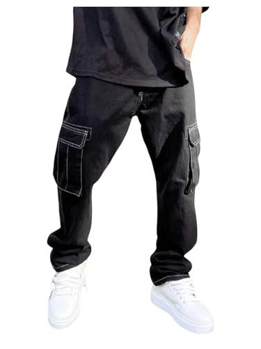 Verdusa Men's Cargo Pants Drawstring Waist Straight Leg Casual Street Trousers with Flap Pockets