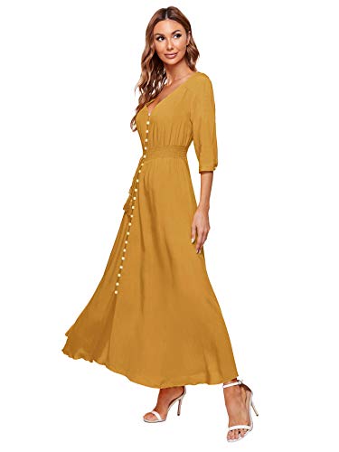 Milumia Women's Button Up V Neck Half Sleeve Split Flowy Plain Party Maxi Dress Ginger Large #TOP2