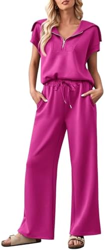 MEROKEETY Women 2 Piece Set Summer Outfits Sweatsuit Half Zip Cap Sleeve Sweatshirt Wide Leg Sweatpant Tracksuit Sets