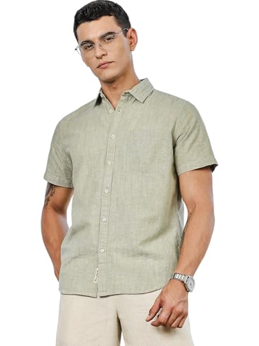 Image of Thomas Scott Men's | Solid | Linen Blend | Slim Fit | Short Sleeve | Spread Collar | Casual |Shirts for Men