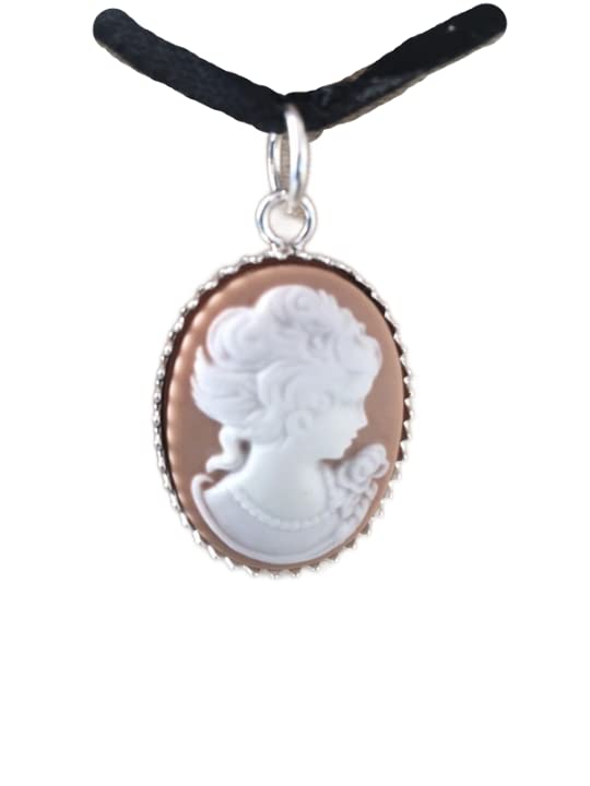 Pendentif camée Madame de Pompadour argent 925 collier marron