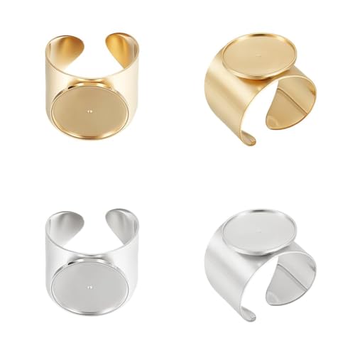 UNICRAFTALE 4 Sets 2 Colors Tray 15mm 304 Stainless Steel Open Cuff Finger Ring Blank Dome Wide Ring Making Kit Metal with Glass Cabochon Ring Settings Golden Bezel Trays Ring for DIY Rings Making