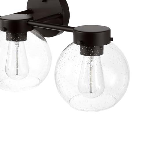 Image of Globe Electric 63000202 5-Piece All-in-One Bathroom Accessory Set with 24 inch 3-Light Vanity Light, Dark Bronze, Seeded Glass Shades, Towel Bar, Robe Hook, Toilet Paper Holder, Towel Ring, Powder Room