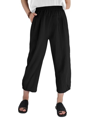 Les umes Damen Baumwolle Casual Capri Hose Elastische Taille Sommer Hose...