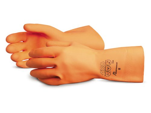 Superior 408 Heavyweight Unsupported Flock Lined Latex Glove with Diamond Grip, Work, Chemical Resistant, 30 mil Thickness, 12" Length, Size 8, Orange (Pack of 1 Dozen)