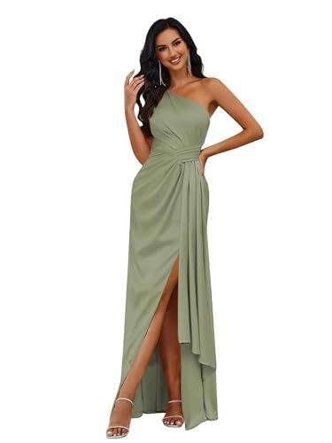 Mermaid Prom Dress for Women Satin One Shoulder Bridesmaid Dresses with Slit Long Pleated Evening Gowns