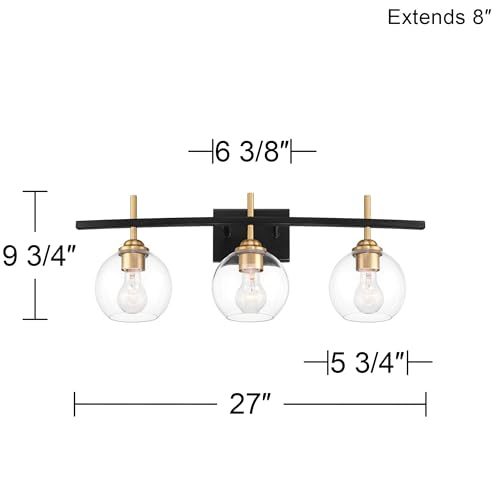 Image of 360 Lighting Modern Wall Light Sconce Black Gold Mixed Hardwire 27 inch 3-Light Fixture Clear Glass Globe Shade for Bedroom Bathroom Bedside Vanity Living Room Home Mirror Hallway Dining Kitchen