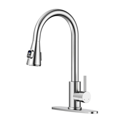 HOMELODY LED Temperature Display Kitchen Faucet with Pull Down Sprayer - Brushed Nickel Single Handle Kitchen Sink Faucet, High Arc Stainless Steel Design for RV Laundry Farmhouse Bar