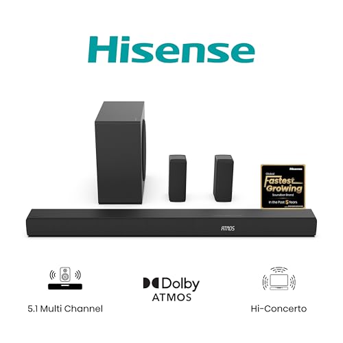 Hisense AX5100Q, 5.1 Ch Soundbar,Hi-Concerto,Dolby Atmos, Dts:X, Semi Wireless Rear Surround Speakers,6.5" Wireless Subwoofer, Ezplay - 2