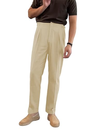 Men's Linen Dress Pants Straight Leg Summer Beach Vintage Trousers