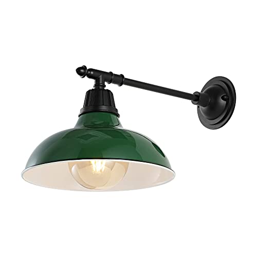 Image of JONATHAN Y Wallace 1-Light Outdoor 12.25 inch Wall Sconce, Green /Black | Industrial Farmhouse Metal Gooseneck Barn Light, Victorian Arm, Wet Rated, Bowl Shade, LED Bulb Included, Vintage Porch Lamp
