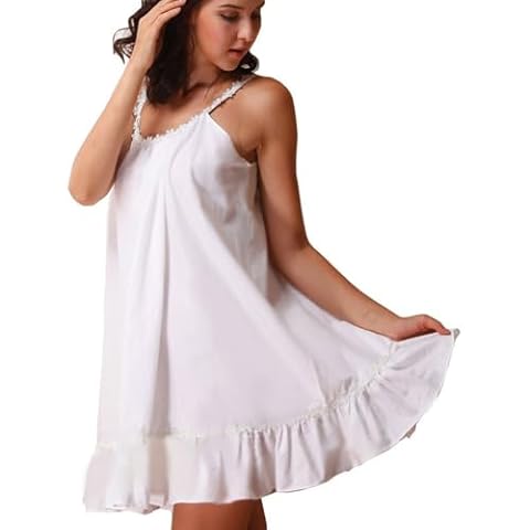 MaxxCloud 100% Cotton Lace Victorian Slip Nightgown Sleeveless Above-Knee Short Nightdress with Spaghetti Straps Cover