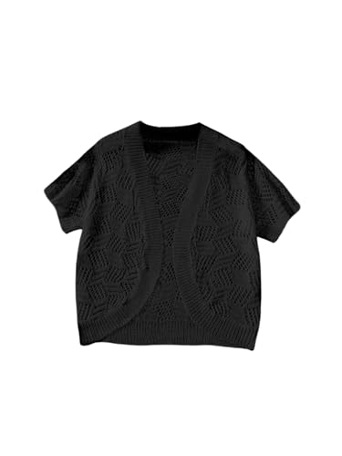 Image of WDIRARA Girl's Open Front Mesh Sheer Cardigan Sweater Short Sleeve Beach Coverup Tops