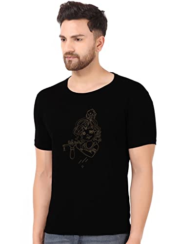 Image of prabhu bhakti Krishna Printed Cotton Round Neck Half Sleeves Black T Shirt | Boys Trendy Krishna Tshirts | Cotton Devotional Tshirts | Summer Wear Regular Fit Stylish Devotional Unisex Tshirt