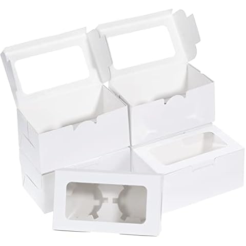 Coptiner 50Pack Cupcake Boxes with Window and Inserts, Cake Boxes 2 Holes Bakery Boxes Cardboard Packaging Box for Muffins Pastries Cupcakes Cakes Cookies, White Cover