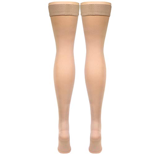 Image of NuVein Medical Compression Stockings, 15-20 mmHg Support, Soft Comfort Microfiber, Thigh Length, Open Toe, Beige, Medium