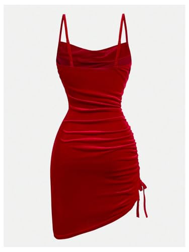 SHENHE Girl's Velvet Cowl Neck Dress Drawstring Ruched Bodycon Spaghetti Strap Holiday Dress2