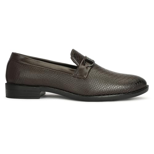 Image of NARKI Men's Tan Formal Loafers - Stylish Slip-On Synthetic Leather Dress Shoes | Textured Office Wear Shoes for Men