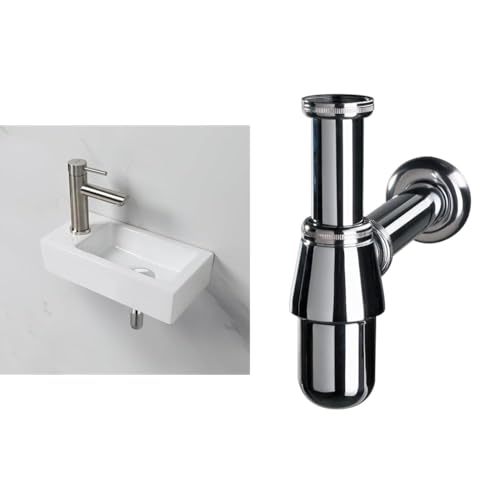 Ibergrif M41102-L, Lavabo Lave Main Blanc Rectangulaire & Wirquin 30719890 Siphon de lavabo en laiton Ø32 avec sortie murale et réglable en hauteur, chromé