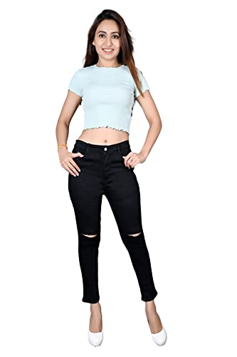 Beauty 1-Button Knee Cut Denim High Waist Skiny Fit Women’s Jeans