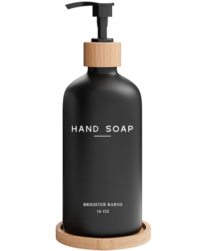 Black Glass Hand Soap Dispenser Bathroom Set by Brighter Barns - Bathroom Soap Dispenser Set with Tray - Glass Pump Bottle - Luxury Bathroom Accessories for Hotel Vacation Rental Restaurants (Black)
