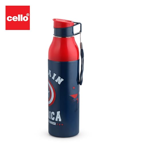 Image of CELLO Puro Steel-X Legend 600 Insulated Water Bottle 600 ml, Blue | 3D Touch & Feel Super Heroes Design, Lightweight Leakproof Easy Sip Flip Cap Insulated Water Bottle for School Kids Office & Travel