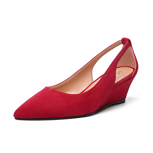 MERRORI Womens Casual Office Pointed Toe Slip On Suede Wedge Low Heel Pumps Shoes 2 Inch