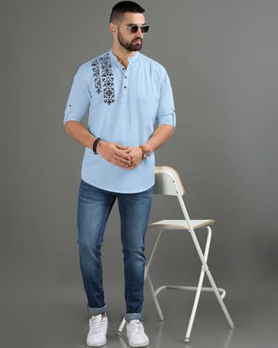 Image of FINIVO FASHION Men's Regular Fit Cotton Blend Kurta Shirt | Full Sleeve Ethnic Shirt with Mandarin Collar and Button Placket | Casual Kurta for Daily and Traditional Use