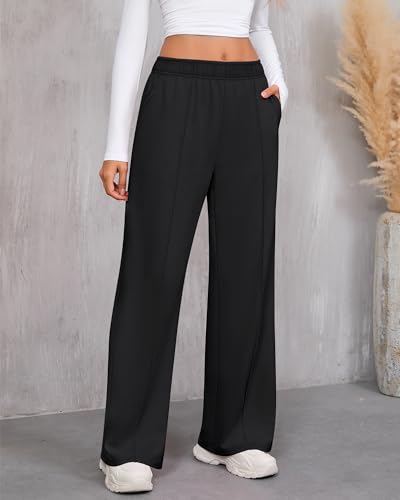 Neer Calça de moletom feminina de perna larga com bolsos, cintura alta, elástica, casual, confortáve